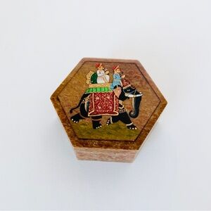 Vintage Hand-Painted Indian Soapstone Trinket Box - Hexagon Elephant Art - 4"